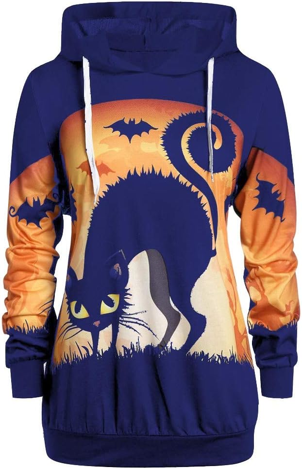Malleable Womens Loos Cute Long Sleeve Halloween Pumpkin Bat/Cat Hooded Sweatshirt Tops