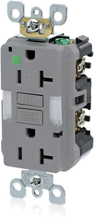 Leviton 20A-125V Hospital Grade Tamper-Resistant Guide Light Duplex Self-Test GFCI Receptacle, 20-Amp, GFNL2-HGG, Gray
