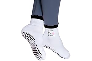 Puedizux Women Cute Pilates Socks Grip Crew Yoga Socks Ruffle Cuff Embroidery Pattern Workout Ballet Socks