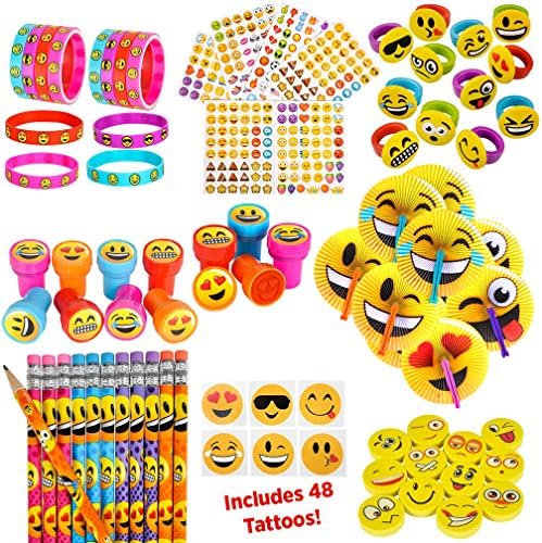 Emoji Party Supplies and Birthday Favors / Decorations Theme for Boys and Girls - 12 Kids - Silicone Bracelets, Rubber Rings, Folding Fans, Emoticon Stampers, Pencils, Erasers, Stickers and Tattoos