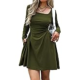 Mieazom Women's Square Neck Long Sleeve Mini Dress Ruched Waist Corset Fall Dresses Slim-Fit with Pockets