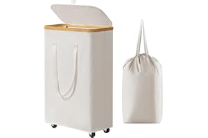 CHRISLLEY Chirslley 60L Slim Laundry Basket with Wheels,Narrow Laundry Hamper with Lid and Removable Liner Bag, Foldable Clothes Hamper Organizer with Bamboo Handles for Bathroom, Dorm, Bedroom, Beige