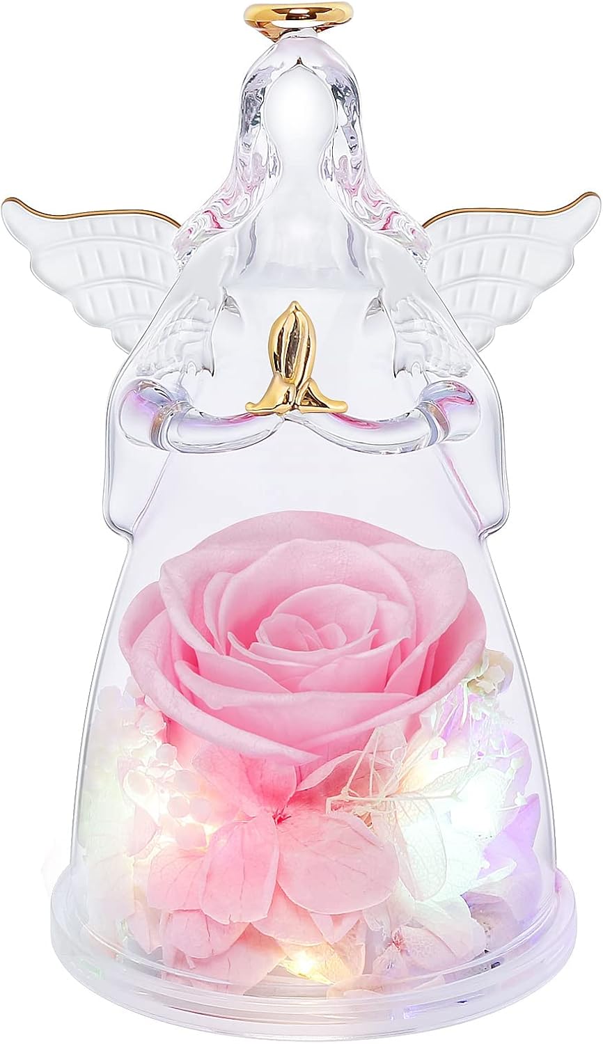 Dried & Preserved Flora - Rose Flower Gifts for Women,Pink Preserved Flower Rose in Glass Angel Figurines Gift,Birthday Gifts for Women,Mom Gift for Christmas,Light Up Glass Angel Gifts with Preserved Real Roses Gifts for Wife