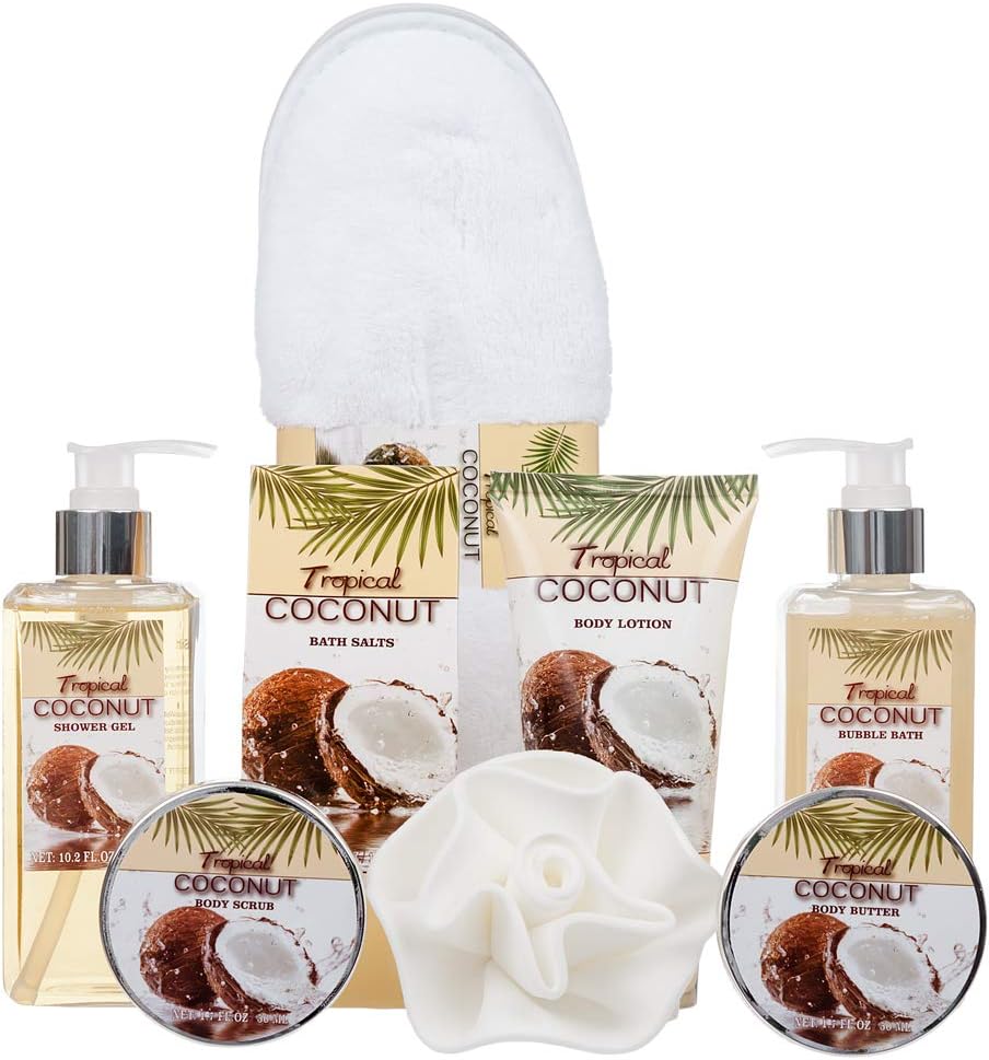 8 Piece Deluxe Tropical Coconut Body & Bath Gift Set Includes all Bathing Essentials Complete