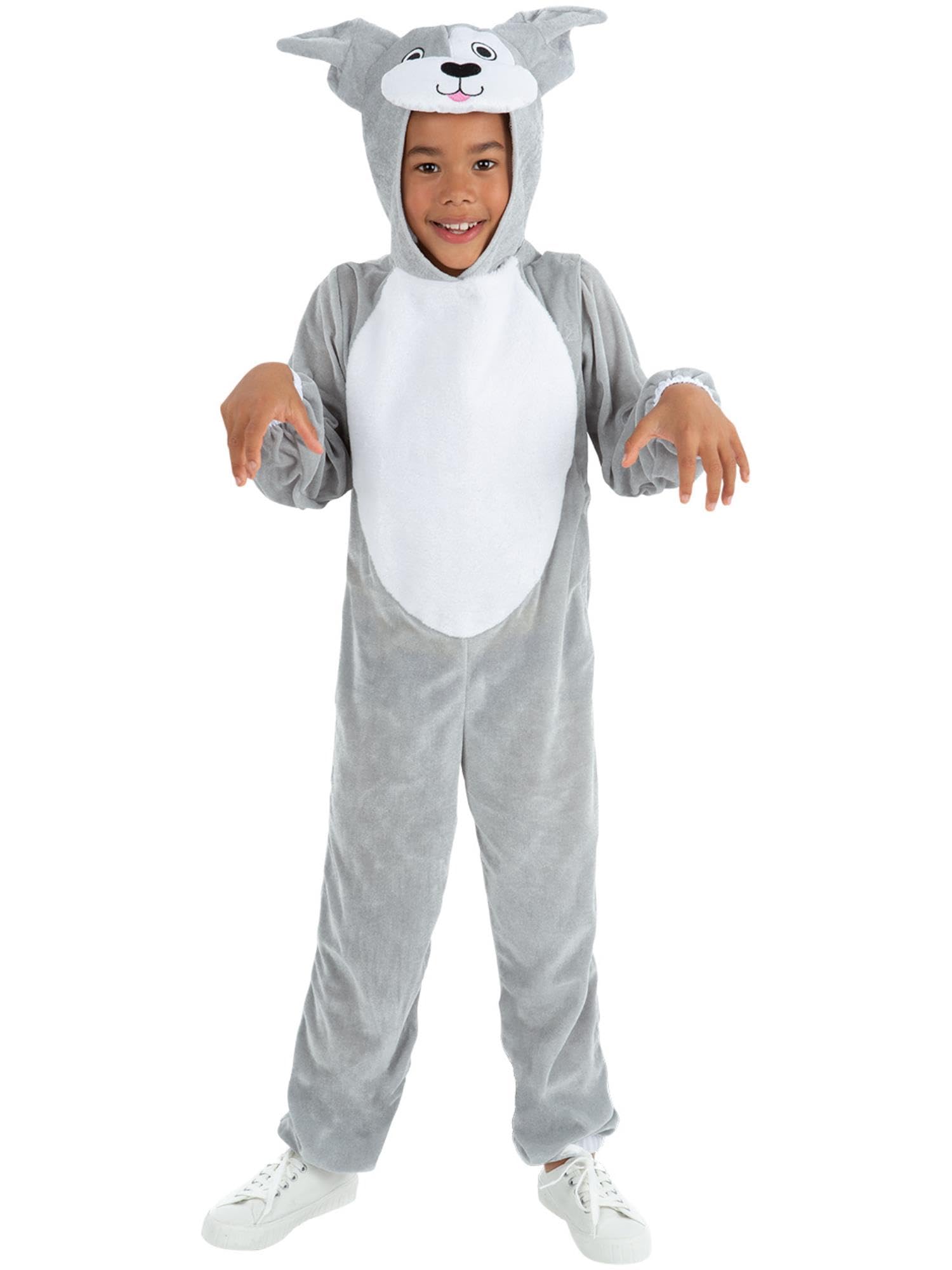 Smiffys Dog Costume, Grey with Hooded Jumpsuit, Children's Animal Fancy Dress, Animal Dress Up Costumes