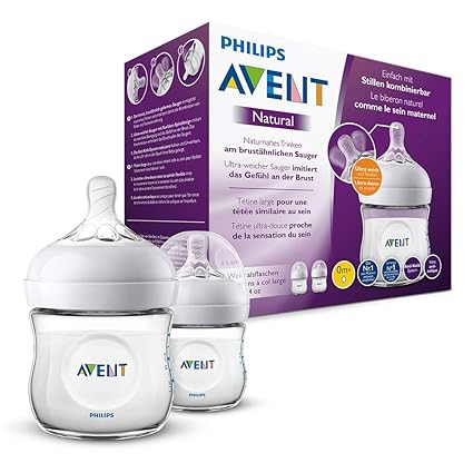 Philips Avent Natural Flasche SCF030/27, 125ml, naturnahes Trinkverhalten, Anti-Kolik-System, transparent, 2er Pack