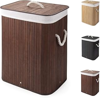 Virklyee Wäschekorb aus Bambus 60L Faltbar Wäschebox Wäschetonne mit Herausnehmbaren Wäschesack Tragegriff Wäschesortierer Wäschetruhe Wäschesammler mit Deckel (Dunkelbraun)