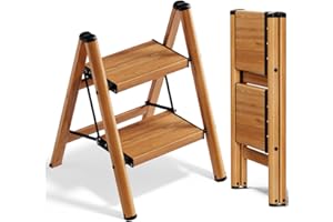 Soladder 2 Step Ladder Woodgrain Shelf Aluminum Lightweight Folding with Anti-Slip and Wide Pedal for Home and Kitchen Space 