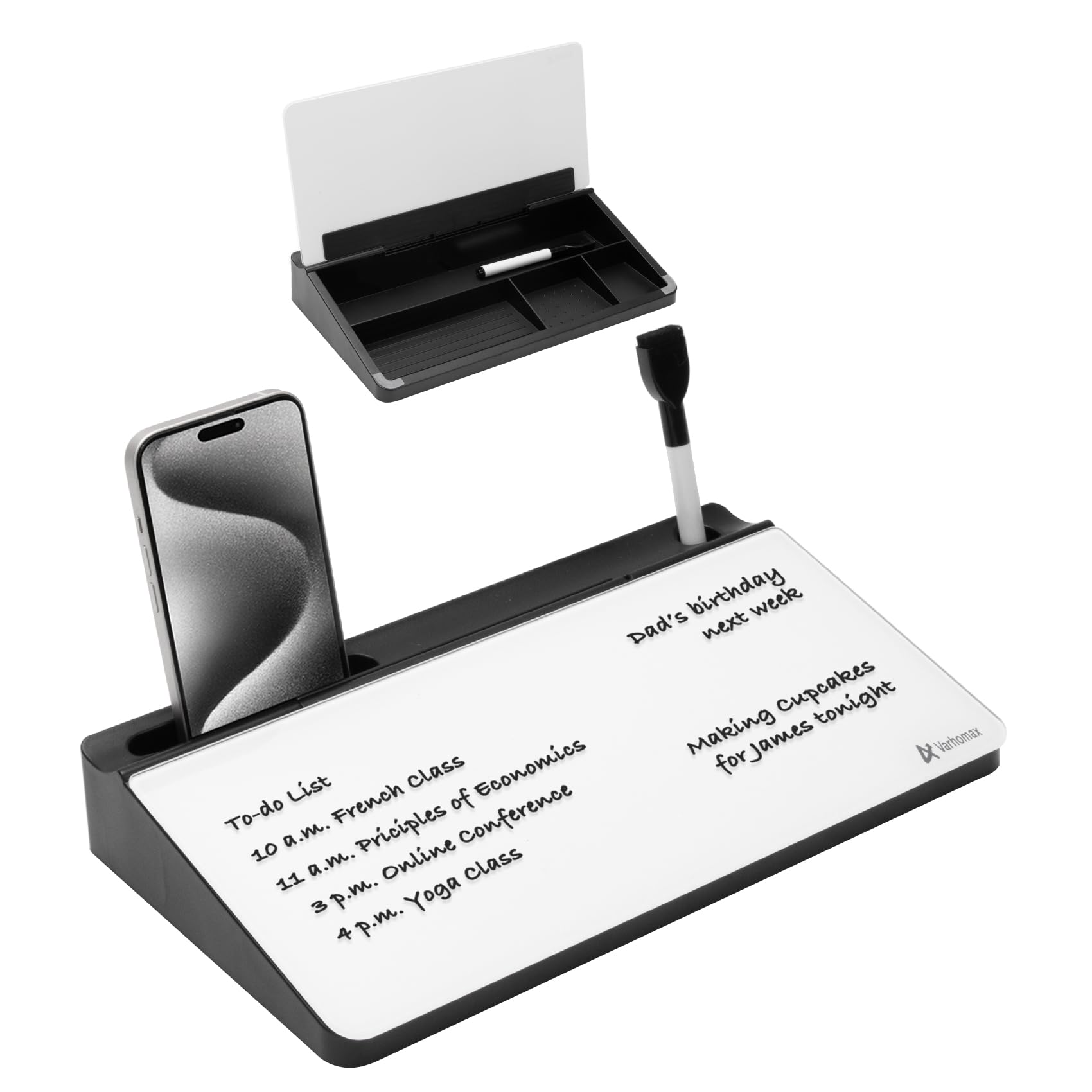 Varhomax Small Glass Desk Whiteboard, Dry Erase Desktop White Board with Storage Caddy to-do List Memo Notepad for Office, School and Home Office Accessories Supplie (Black&White)