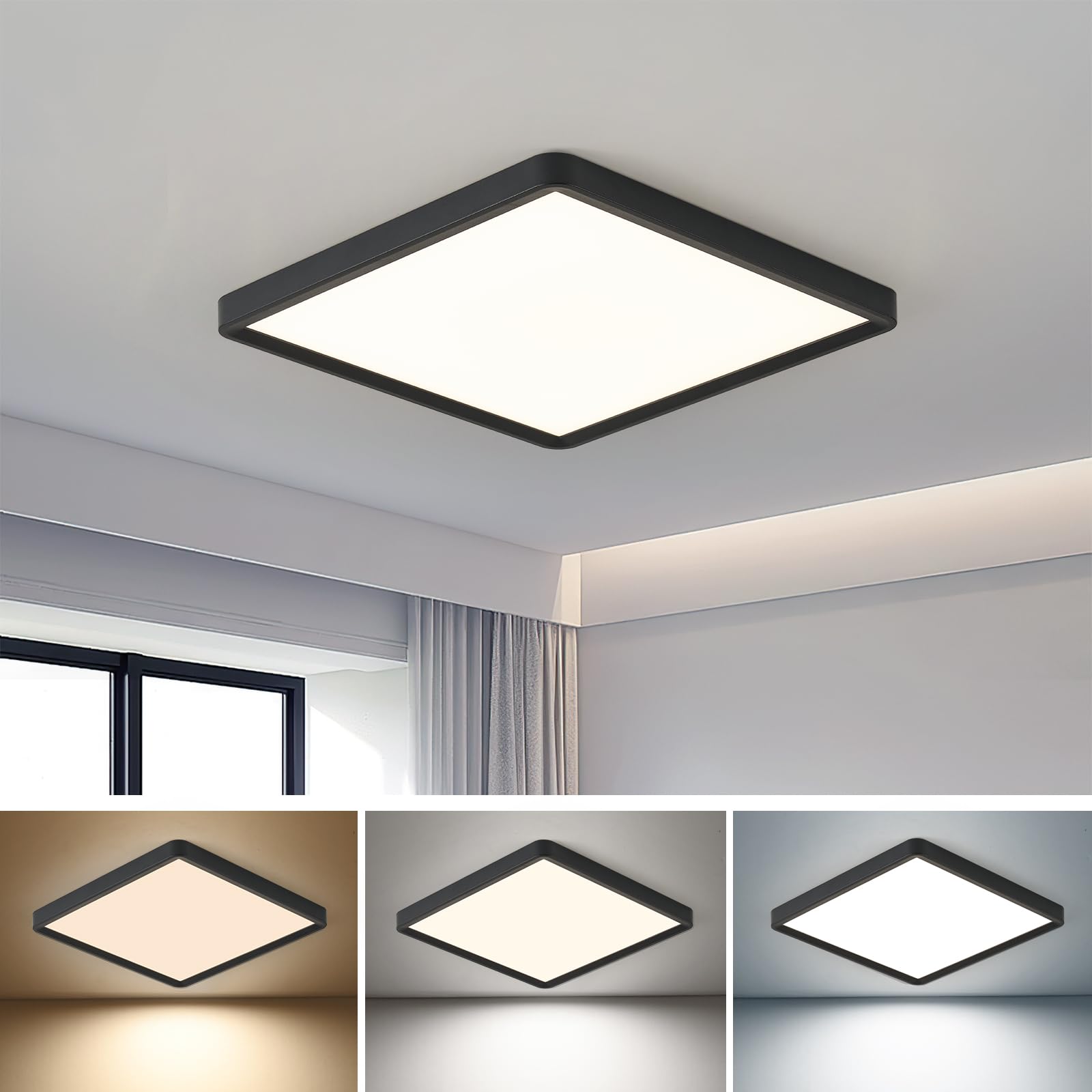 Photo 1 of 16 Inch Square LED Flush Mount Ceiling Light, 36W 3600LM, 3000K/4000K/6000K CCT Selectable,Black Super Slim Low Profile Ceiling Light Firxtue for Bedroom/Kitchen/Living room/Dinning room/Hallway