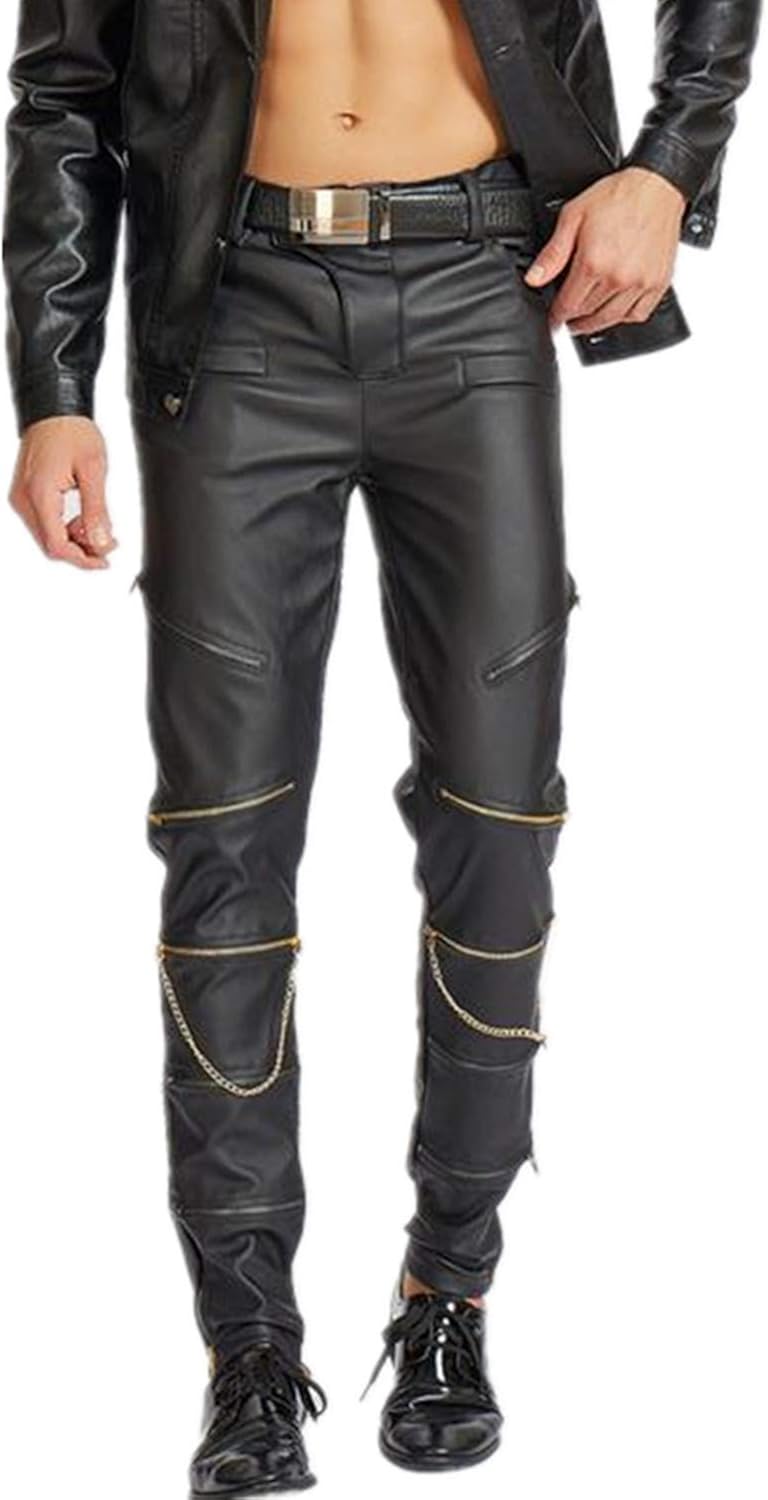 AITFINEISM Men's Slim Fit Zipper Gothic Punk Rock Faux Leather Pants