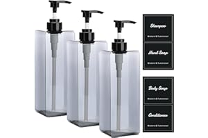 Suream 33.8oz Refillable Shampoo Bottles for Shower, 3Packs 1000ml Large Empty Pump Dispenser with 4PCS Lables for Shampoo, Body Soap, Hand Soap, Conditioner, for Bathroom, Kitchen, Hotel, Salon, SPA