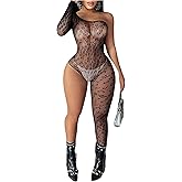 Milumia Women's Leopard Fishnet Lingerie Bodysuit One Shoulder Rave Party Mesh Bodystocking