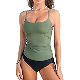 CUPSHE Women's Tankini Sets Two Piece Swimsuit Scoop Neck Ruched Adjustable Straps Drawstring Mid Rise