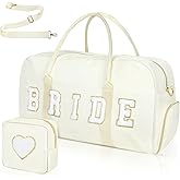 Bride Bag Bridal Shower Gifts 2 Pcs Wedding Weekender Tote Groom Duffel Chenille Letter Bag with Shoes Compartment Bachelorette Gifts for Bride to Be (White, Bride)