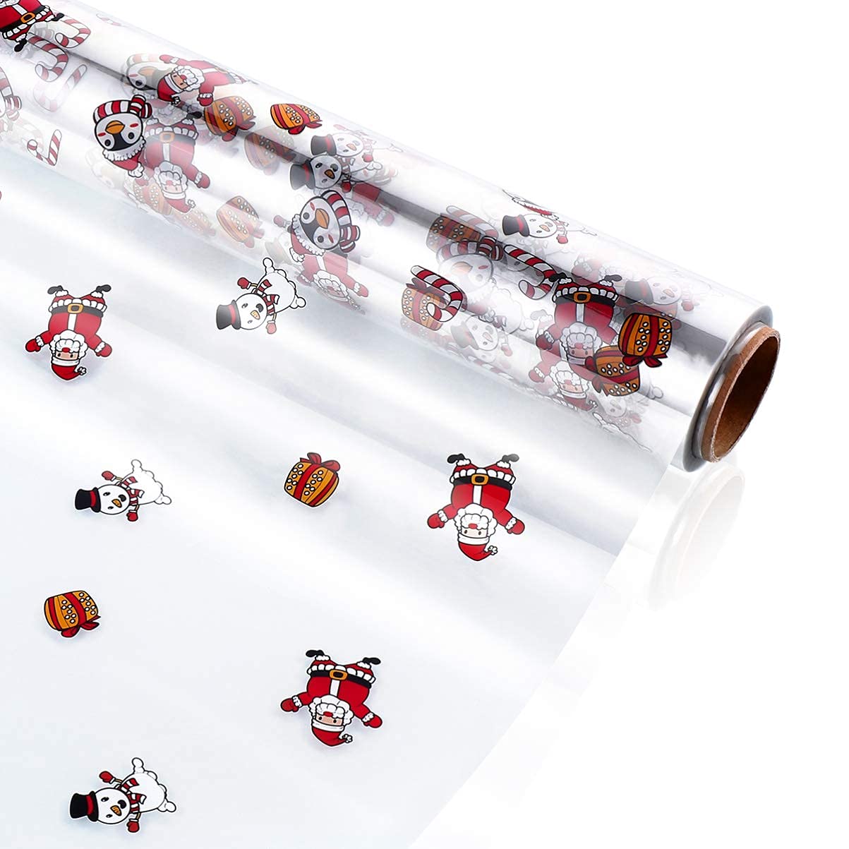 Tomaibaby Christmas Cellophane Wrap Roll: 40cm X 30m Santa Claus Snowman Cellophane Wrap - 2.5 Mil Clear Wrapping Paper for Hampers Flowers Gifts Baskets Christmas Decoration