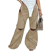 LETSVDO Women's Wide Leg Baggy Sweatpants High Waisted Patchwork Flare Pants Y2k Cut Out Multi Zipper Cargo Sweatpant