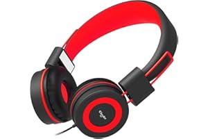 ELECDER i37 Kids Headphones for School Children Girls Boys Teens Foldable Adjustable On Ear Headphones with 3.5mm Jack for Smartphones Chromebook Laptop Computer PC Tablets Travel Black/Red