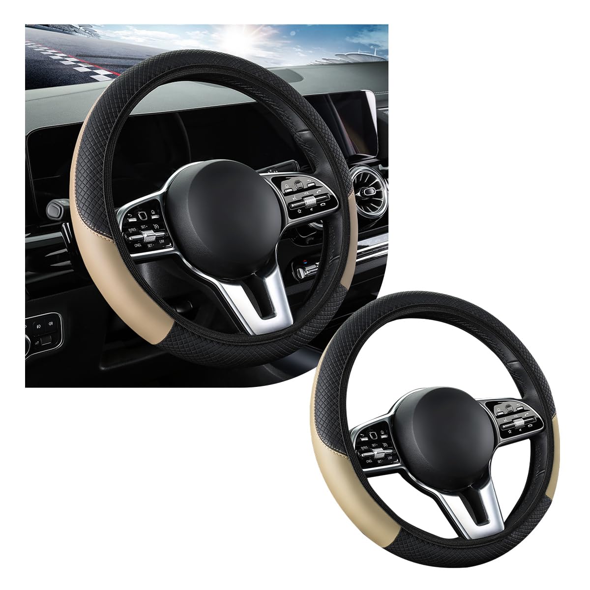 Photo 1 of povtii Car Steering Wheel Cover, 15 Inch Leather Breathable Auto Steering Wheel Protector, Comfortable Non-Slip Vehicle Steering Wheel Covers, Universal Interior Car Accessories (Beige, AD)