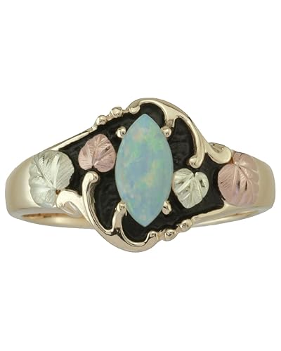 Opal Cabochon Marquise Antiqued Ring, 10k Yellow Gold, 12k Green and Rose Gold Black Hills Gold Motif.