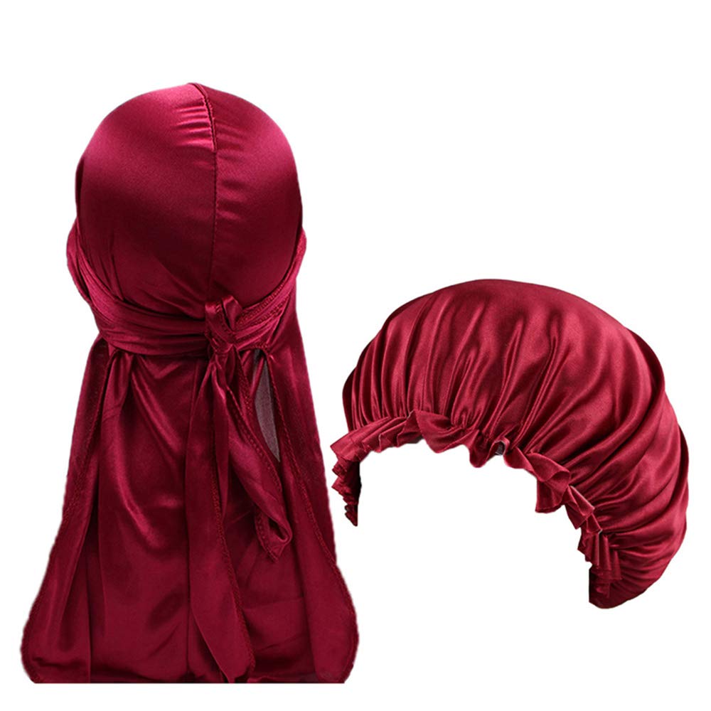Durags and Bonnets a Set Unisex Silky Durag and Women Bonnet Suit for Party and Sports, Burgundy, M