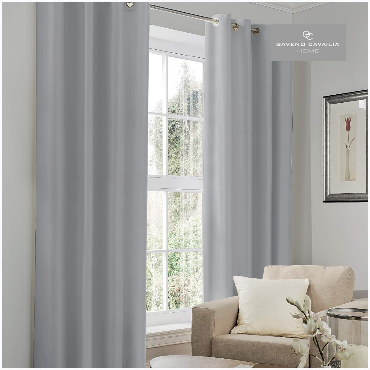 Gaveno Cavailia BlackOut Eyelet Curtains Silver, 100% Polyester Luxury Ring Top Drapery with Matching Tie Backs, Two 66"x54" Thermal Panels, Easy Care Window Treatment