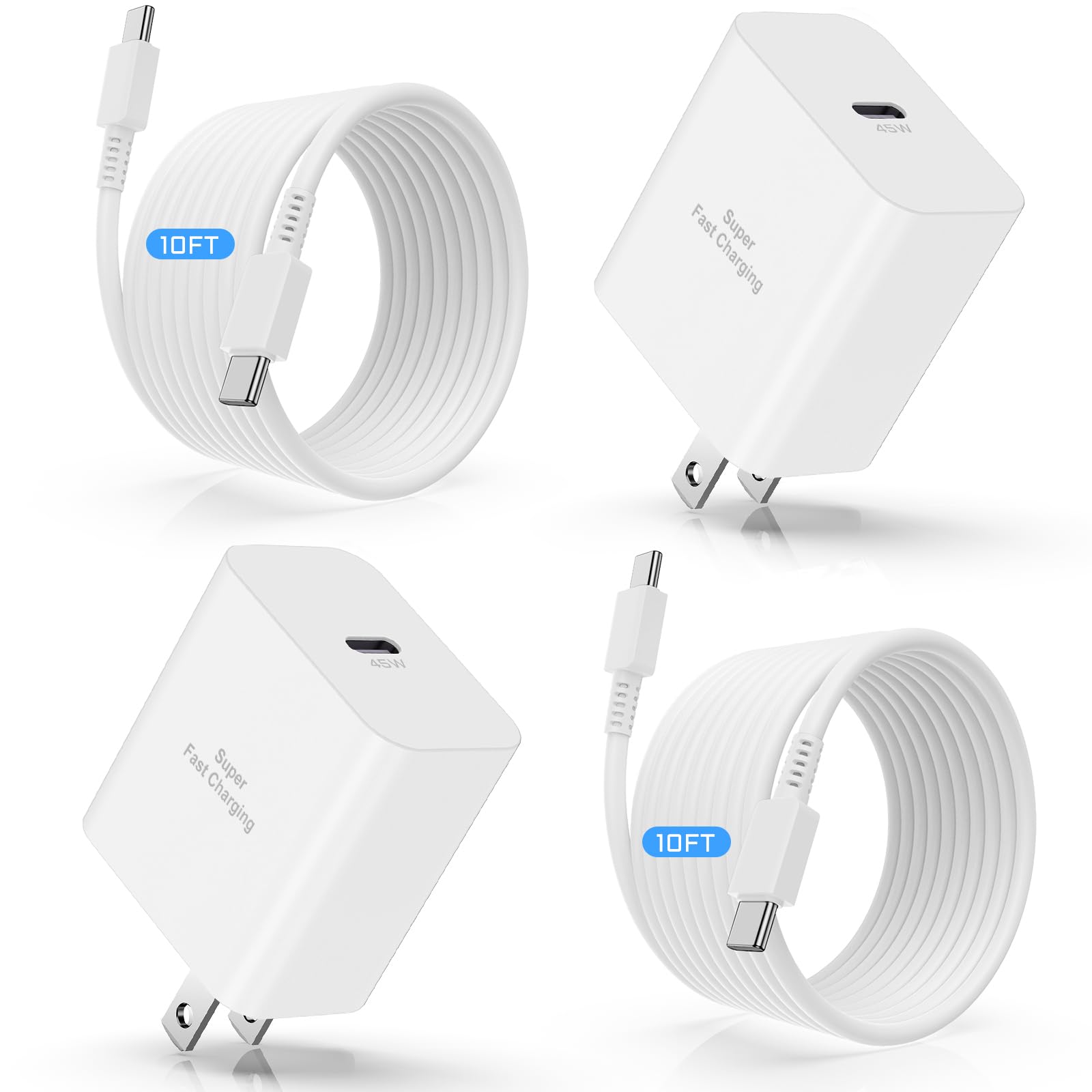 45W USB C Super Fast Charger and 10ft Type C to C Charging Cable Cord Long, USB C Wall Charger Block Adapter Plug for Samsung Galaxy S25/S24 Ultra/S23+/S22 Plus/S21/S20/Note20/iPhone 17 Pro Max-White