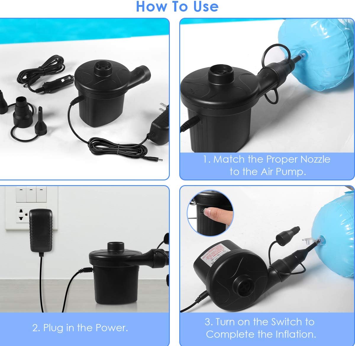 Electric Air Pump, High Power Quick-Fill Air Mattress Inflator Deflator Pump with 3 Nozzles for Inflatable Cushions, Air Mattress Beds, Swimming Ring, Inflatable Pool Float, 110-220 Volt, Black: Home & Kitchen