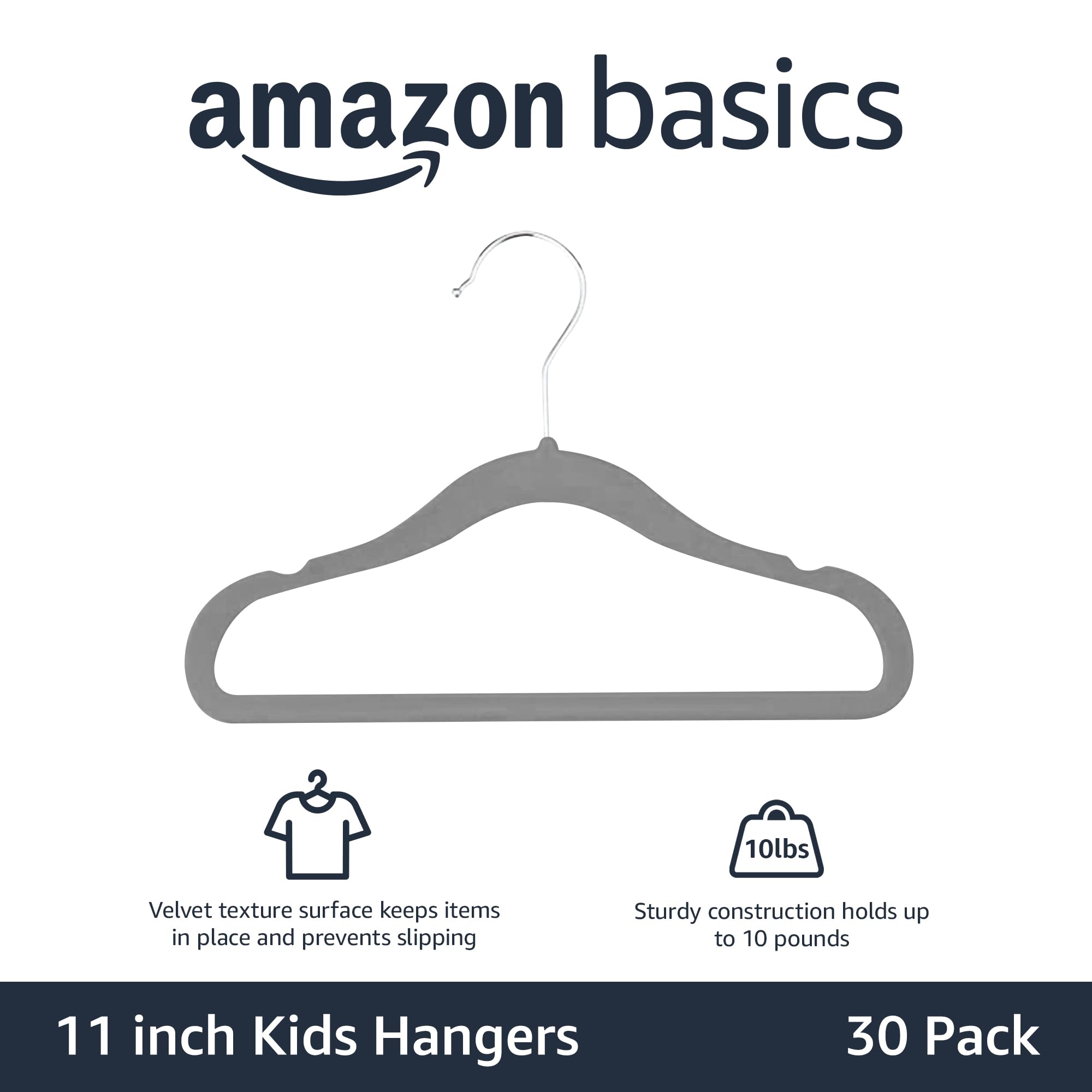 Amazon Basics Kids Velvet, NonSlip 11.6" Clothes Hangers, Pack of 30