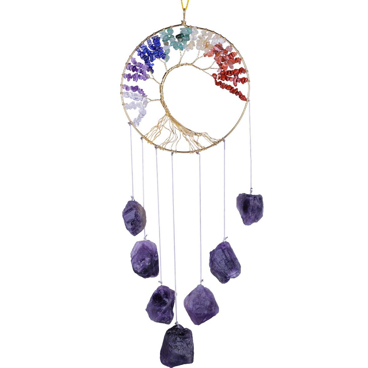 Nupuyai Handmade Raw Stones Wind Chime Tree of Life Gemstones Garden Decoration 7 Chakra Healing Crystals Hanging Ornament Room Decoration Amethyst Stone