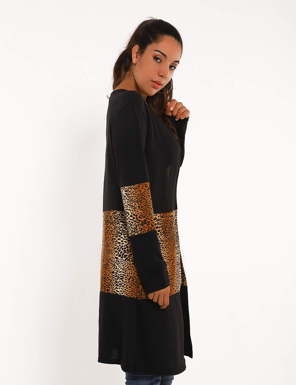 Blooming Jelly Womens Lightweight Open Front Cardigan Knit Long Sweater Leopard Pockets Knitwear (Medium, Black)