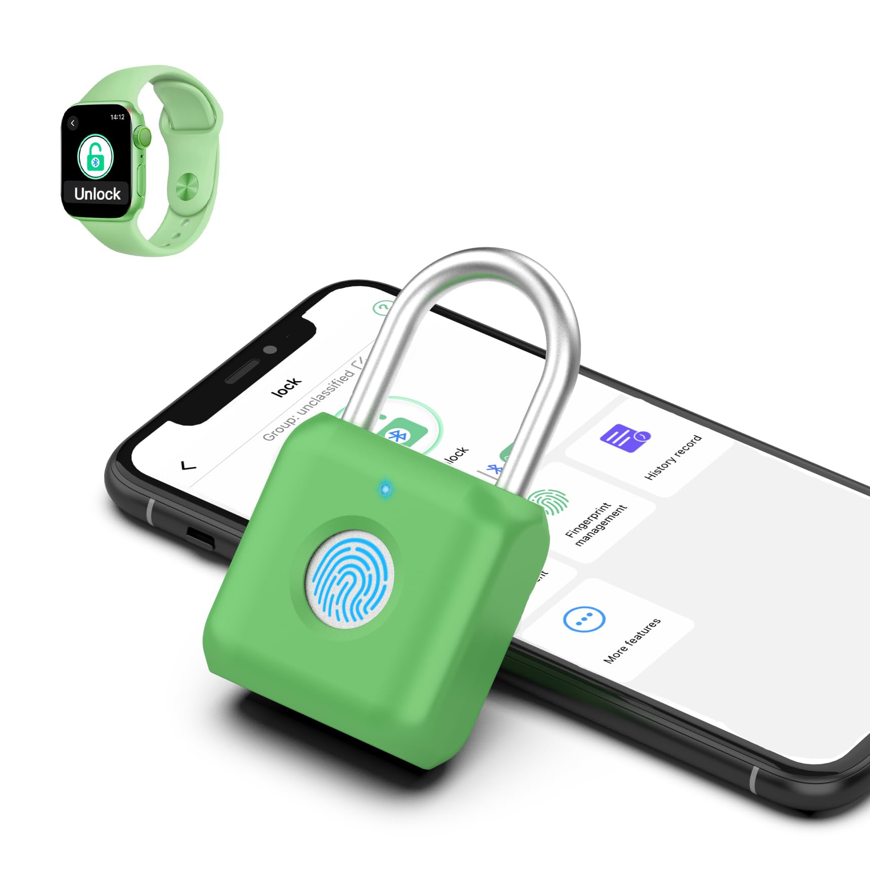 Photo 1 of Fingerprint Padlock eLinkSmart Gym Locker Lock with Phone App iOS Watch Metal Keyless Combination Locks for Backpack Suitcase Luggage School Sports Locker Toolbox Hasp Storage Green