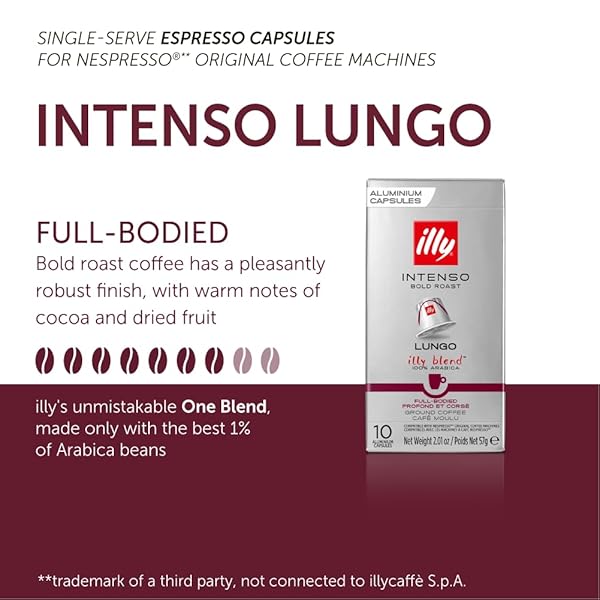 ILLY ESPRESSO COMPATIBLE CAPSULES – SINGLE-SERVE COFFEE CAPSULES & PODS – INTENSO LUNGO DARK ROAST – NOTES OF COCOA & DRIED FRUIT COFFEE PODS – FOR NESPRESSO COFFEE MACHINES – 10 COUNT