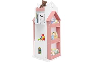 Rotating Children’s Bookshelf 360° Castle Design, 4+3 Tier Floor Standing Book Display Shelf, 220lbs Capacity PVC Bookshelf f
