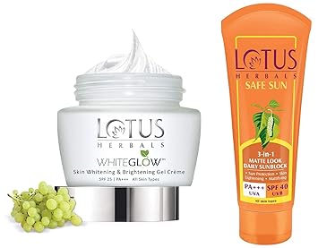Lotus Herbals Whiteglow Skin Whitening And Brightening Gel Creme, SPF-25, 60g and Lotus Herbals Safe Sun 3-In-1 Matte Look Daily Sunblock SPF-40, 50g