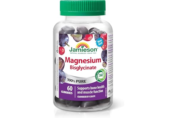 Jamieson 100% Pure Magnesium Bisglycinate 20 mg Gummies Cranberry Grape Flavour, Not Blended, Magnesium Oxide Free, Supports