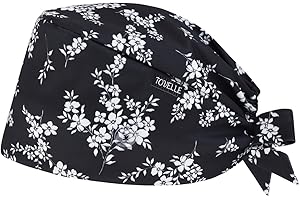 TOVELLE Black Floral Double-Sided Printed Scrub Caps for Men and Women with Buttons, Adjustable Static-Resistant Medical Hats, Stylish and Breathable Surgical Caps with Sweatband for Long Hours