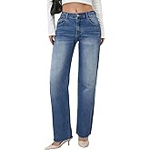 AIMNEWS Women's Wide Leg Jeans High Waisted Straight Leg Frayed Raw Hem Casual Stretchy Pants