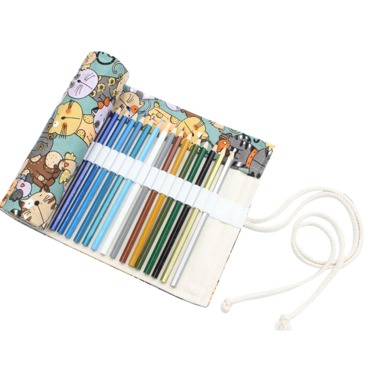 NUOBESTY Cat Pattern Canvas Portable Handmade Rolling Pencil Roll Wrap Holder Pouch Case Storage Organizer Slots for School and Office Use