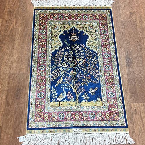 Yilong Carpet 2' x 3' Small Hand Knotted Silk Rug Handmade Persian Carpet Prayer Rug Oriental Traditional Tapestry (Navy Blue) WK91A2x3