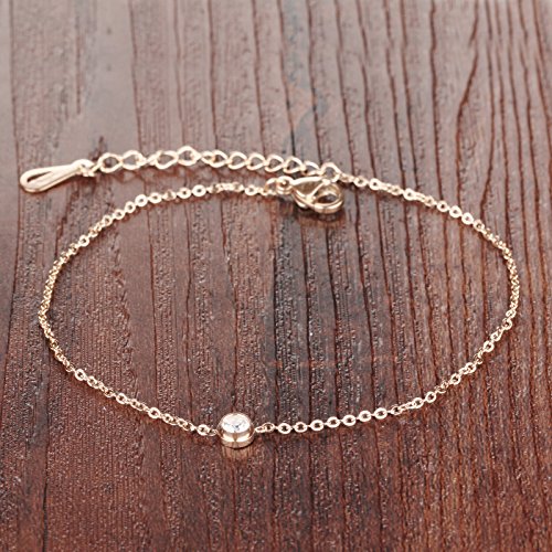 Donna-Cavigliera-Acciaio-INOX-Oro-Rosa-Braccialetto-di-Caviglia-con-Zircone-Ciondolo