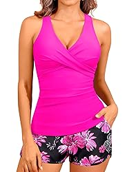Women Pink Floral Tankini Swimsuits with Shorts