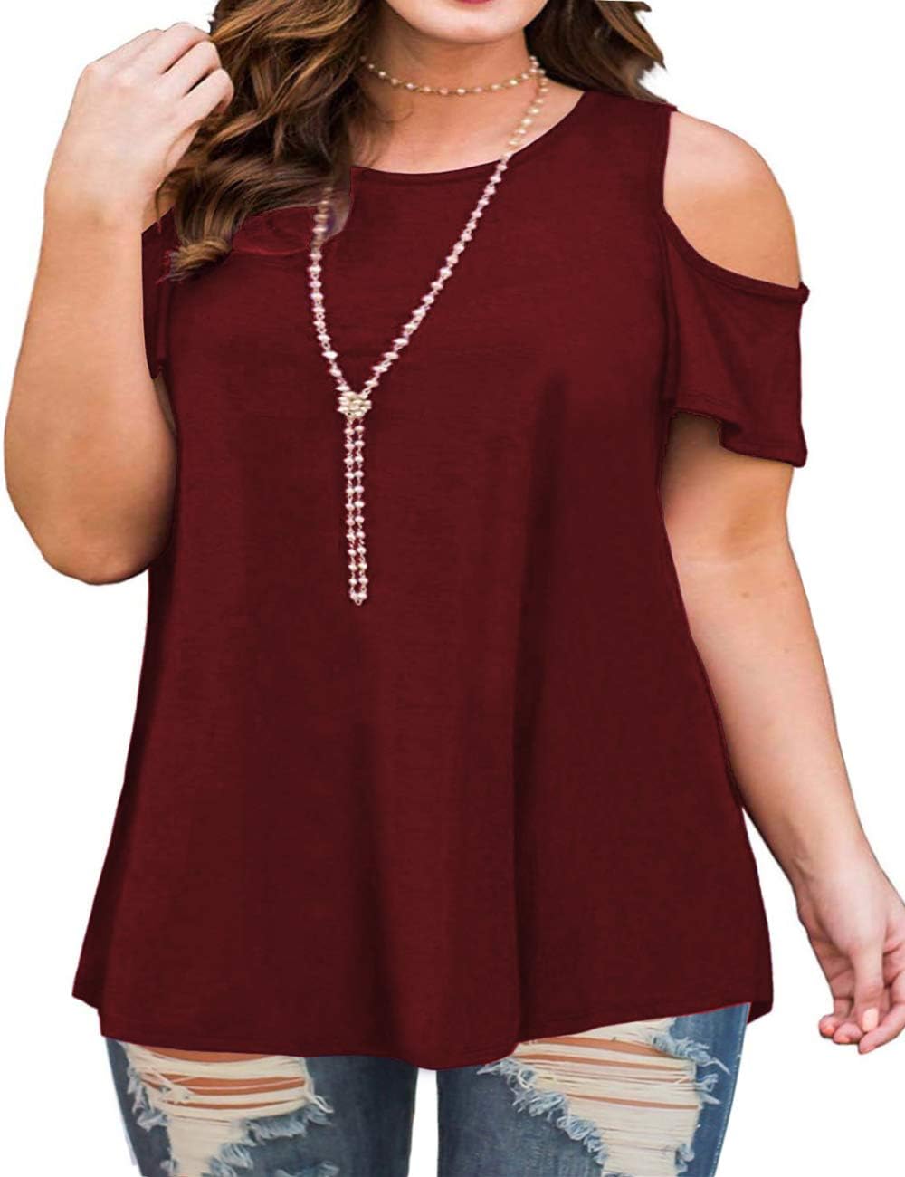 DOLNINE Women's Plus Size Tops Casual Tee Shirts Cold Shoulder Short Sleeve Blouse