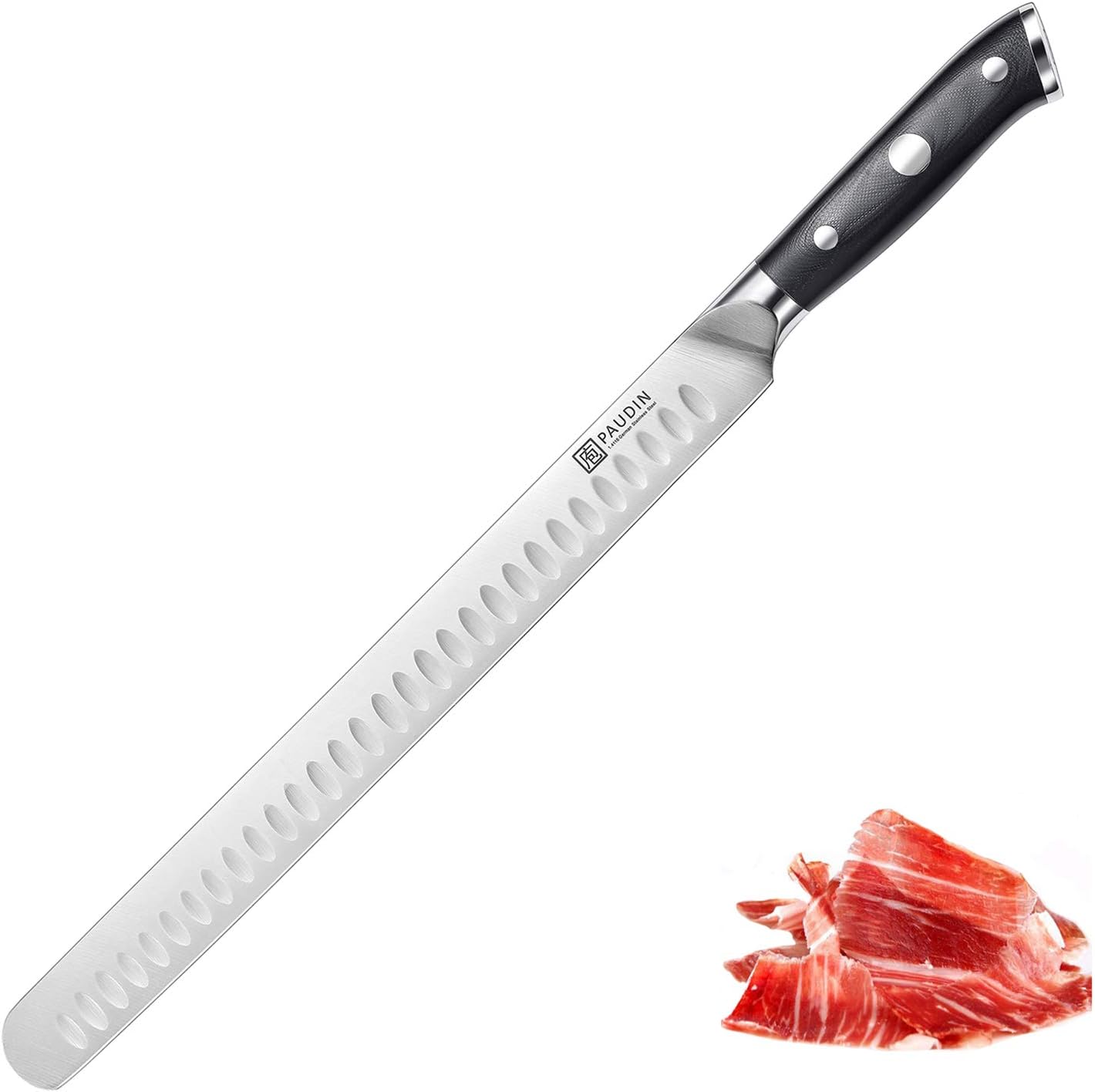 PAUDIN Carving Knife 12-Inch - Razor Sharp Granton Edge Kitchen Knife, Ham Roasts Meats Brisket Slicing Knife, German Stainless Steel Blade, Comfortable Triple Rivet Fiberglass Handle: Kitchen & Dining