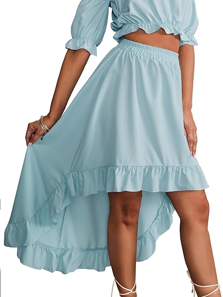 LYANER WOMEN’S TWO PIECES OUTFITS OFF SHOULDER CROP TOP AND HIGH LOW SKIRT SETS LIGHT BLUE# X-LARGE