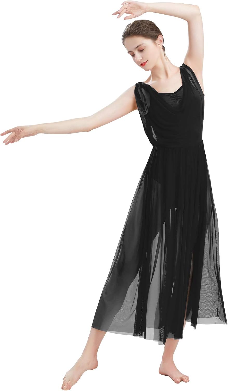 ODASDO Women Lyrical Modern Contemporary Dance Costume Leotard V-Neck Backless Split Tulle Skirt Flowy Overlay Dress: Clothing