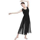 ODASDO Women Lyrical Modern Contemporary Dance Costume Leotard V-Neck Backless Split Tulle Skirt Flowy Overlay Dress