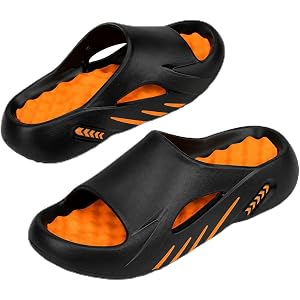 Men's Slide Sandal with Massage Footbed, Soft EVA CloudCushion Midsole, Thick Sole, Open Toe, Black and Green, for Pool, Beac