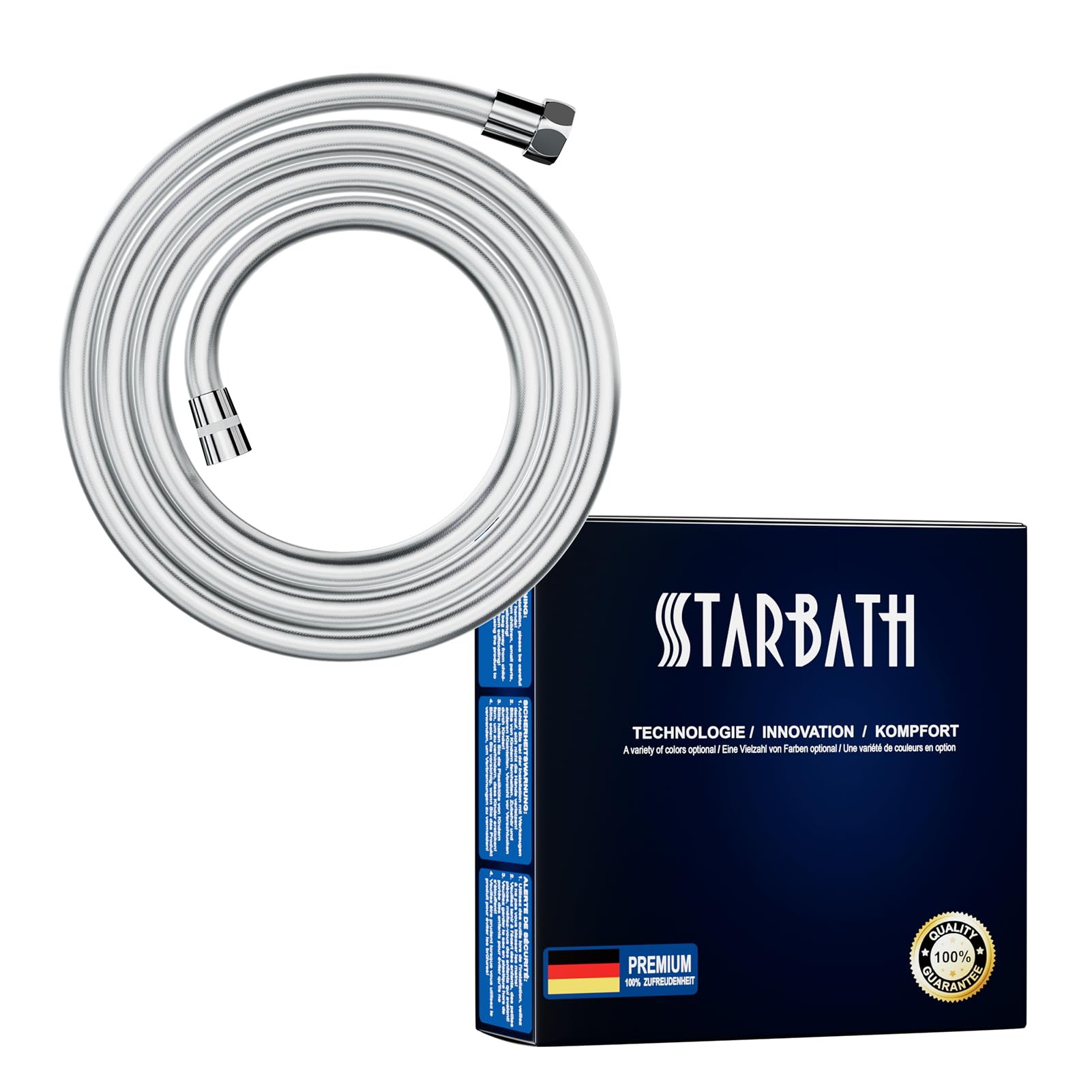 STARBATH PVC Smooth Shower Hose 2.5M（98”） with Anti-Twist Brass Connections - Universal Replacement, Flexible and Leak Proof Silver Shower Hoses