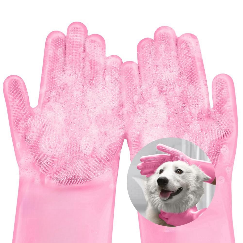 AMFUN Dog Washing Gloves, Multifunction Silicone Grooming Gloves with Anti-Slip Massaging for Dogs and Cats, Pink